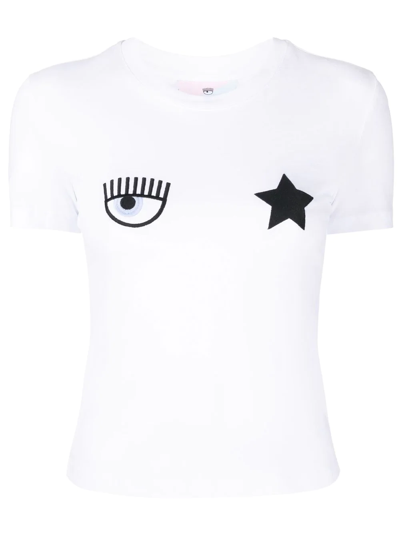 Chiara Ferragni Short-sleeved Form-fitting Top With Motif Details In White