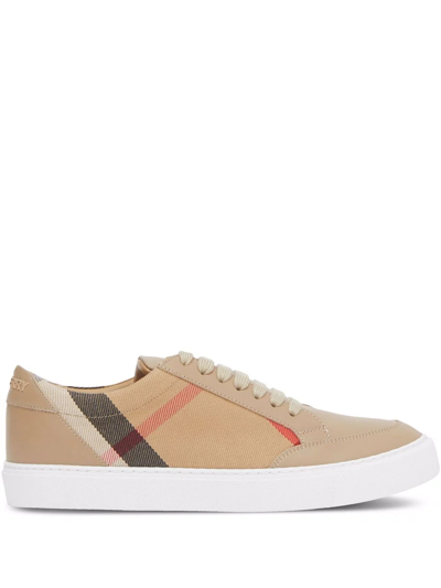 Burberry New Salmond Check Leather Trainers In Beige