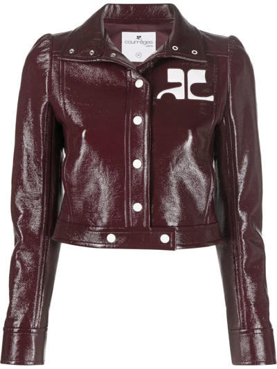 Courrèges High Collar Cropped Cotton Jacket In Burgundy