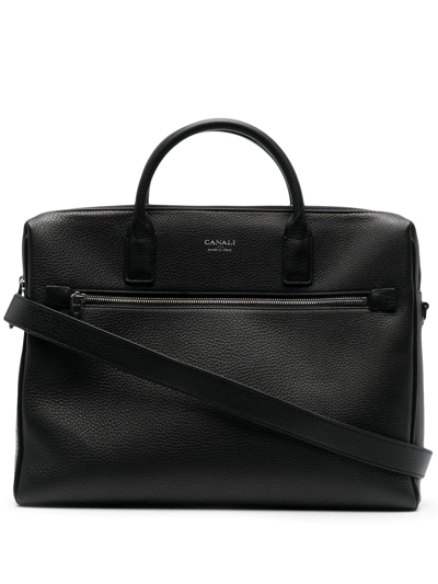 Canali Tumbled Leather Laptop Bag In Black