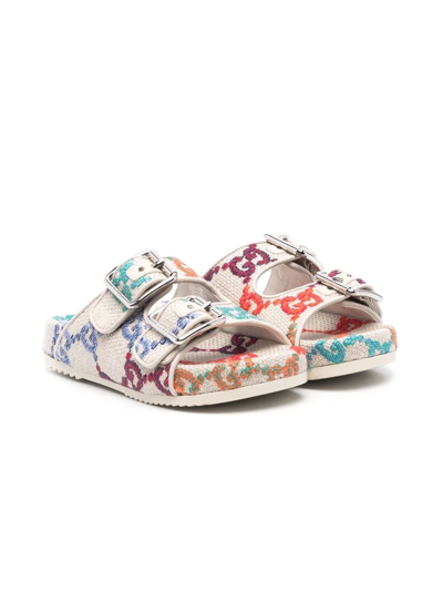 Gucci Kids' Gg Logo Double-buckle Sandals In White