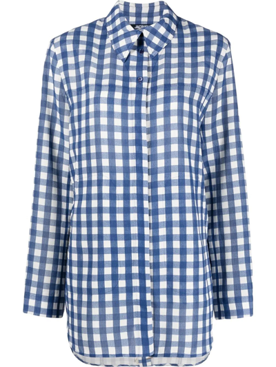 Jacquemus Le Splash Gingham Oversized Split Shirt In Navy Checks