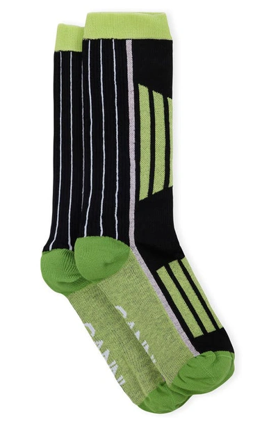 Ganni Stripe Cotton Blend Crew Socks In Green
