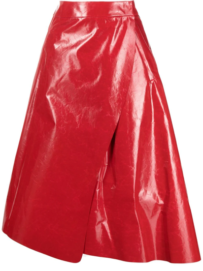 Ferrari Asymmetric Wrap Leather Midi Skirt In Rosso Corsa