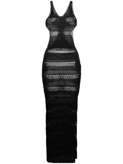 Saint Laurent Long Cut-out Dress In Black Striped Crochet In Nero