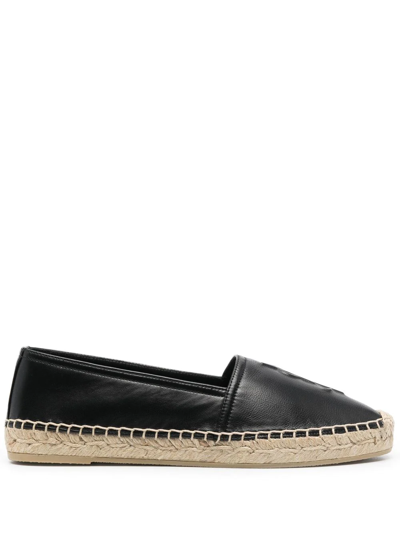 Saint Laurent Logo Embossed Calf Leather Flat Espadrilles In Black