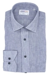 Lorenzo Uomo Striped Linen Trim Fit Dress Shirt In White/ Blue