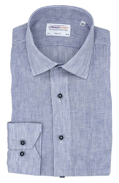 Lorenzo Uomo Striped Linen Trim Fit Dress Shirt In White/ Blue