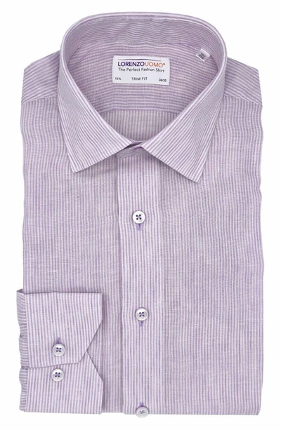 Lorenzo Uomo Striped Trim Fit Linen Shirt In White/ Lavender