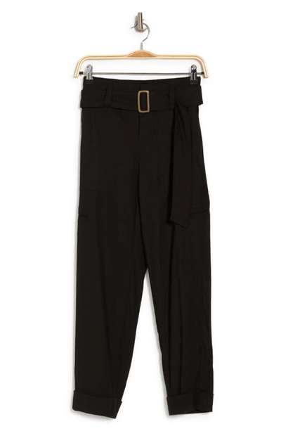 Vince Cropped Belted Linen-blend Tapered Trousers In Black
