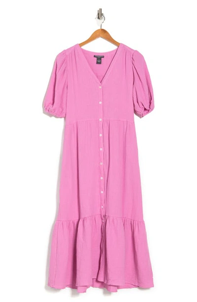 Chelsea And Theodore Gauze Puff Sleeve Midi Dress In Pink Glow | ModeSens