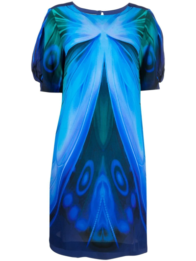 Alberta Ferretti Butterfly-print Short-sleeve Dress In Blue
