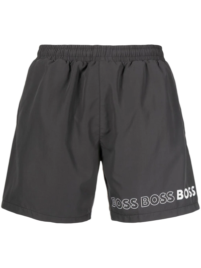 Hugo Boss Logo-print Swim Shorts In Dark Grey