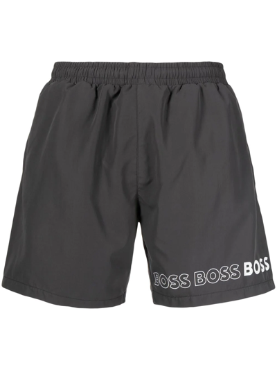 Hugo Boss Swim Shorts With Repeat Logos In Dark Grey