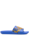 Versace Jeans Couture Baroque Pattern-print Open-toe Slides In Blue/gold