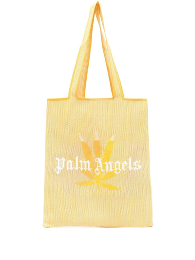 Palm Angels Logo-print Raffia Tote Bag In Yellow