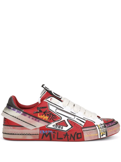 Dolce & Gabbana Portofino Hand-painted Sneakers In Red