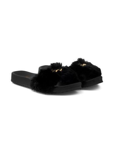 Giuseppe Zanotti Kids' Neil Jr. 人造皮草拖鞋 In Black