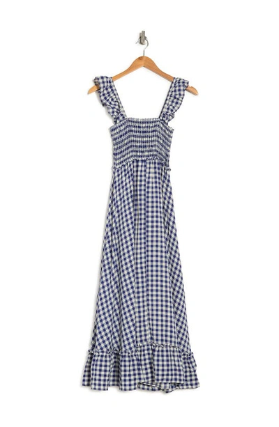 Max Studio Yarn Dye Ruffle Sleeve Smocked Dress In Indigo/ Cream
