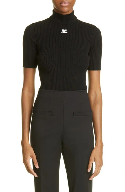 Courrèges Mock-neck Short-sleeve Rib Pullover In Black