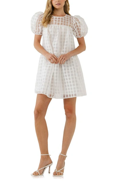 English Factory Gridded Puff Sleeve Dress In White
