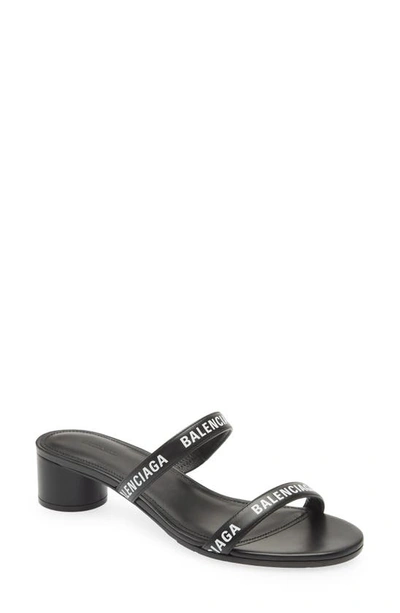 Balenciaga Logo Leather Sandals In Black White