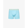 Versace Greca Border Long Boxer Trunks In Light Blue+gold