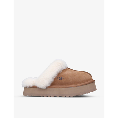 UGG UGG WOMEN'S TAN DISQUETTE SHEARLING-LINED SUEDE SLIPPERS