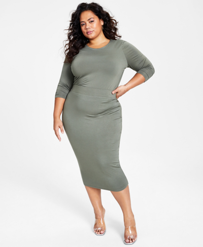 Bar Iii Trendy Plus Size Bodycon Jersey Midi Skirt, Created For Macy's In Dusty Olive