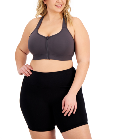 Id Ideology Plus Size High-impact Zip-front Sports Bra, Created For Macy's In Deep Charcoal