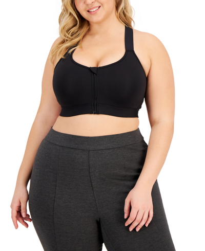 Id Ideology Plus Size High-impact Zip-front Sports Bra, Created For Macy's In Deep Black