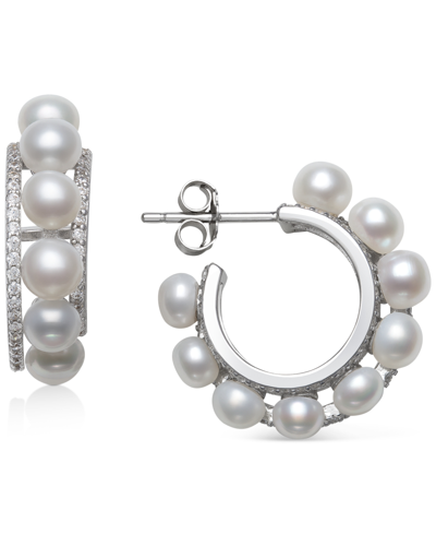 Belle De Mer Cultured Freshwater Button Pearl (4mm) & Cubic Zirconia Small Hoop Earrings In Sterling Silver, Crea