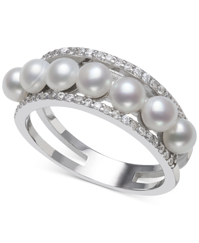 Belle De Mer Cultured Freshwater Button Pearl (4mm) & Cubic Zirconia Ring In Sterling Silver, Create