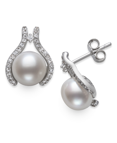 Belle De Mer Cultured Freshwater Button Pearl (7mm) & Cubic Zirconia Stud Earrings In Sterling Silver, Created Fo