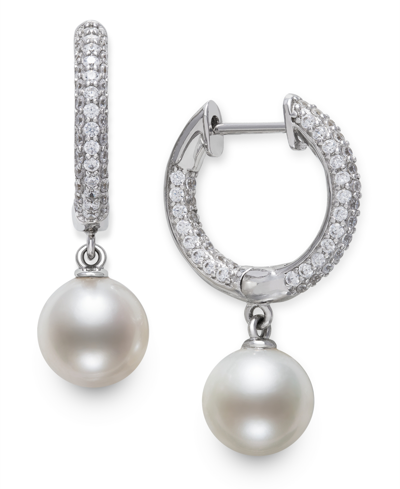 Belle De Mer Cultured Freshwater Pearl (7mm) & Cubic Zirconia Dangle Huggie Hoop Earrings In Sterling Silver, Cre