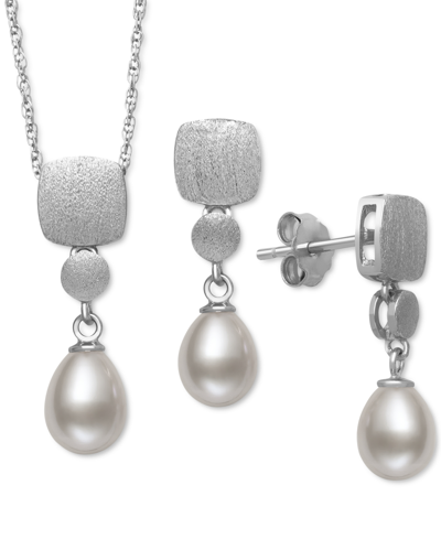 Belle De Mer 2-pc. Set Cultured Freshwater Pearl (6mm) Brushed Finish Pendant Necklace & Matching Drop Earrings I In White