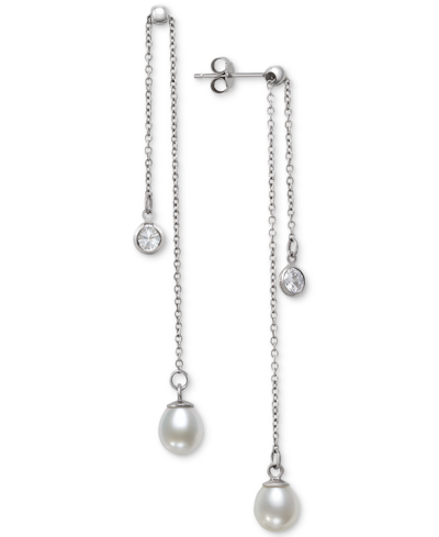 Belle De Mer Cultured Freshwater Pearl (6-7mm) & Cubic Zirconia Double Chain Drop Earrings In Sterli In Sterling Silver