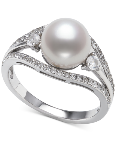 Belle De Mer Cultured Freshwater Button Pearl (8mm) & Cubic Zirconia Ring In Sterling Silver, Create