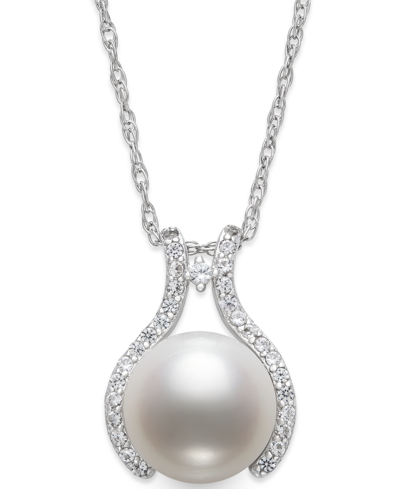 Belle De Mer Cultured Freshwater Pearl (9mm) & Cubic Zirconia Wishbone 18" Pendant Necklace In Sterl In Sterling Silver