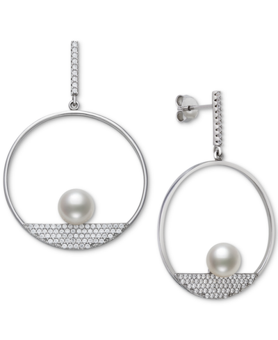 Belle De Mer Cultured Freshwater Button Pearl (7mm) & Cubic Zirconia Pave Circle Drop Earrings, Created For Macy' In Sterling Silver