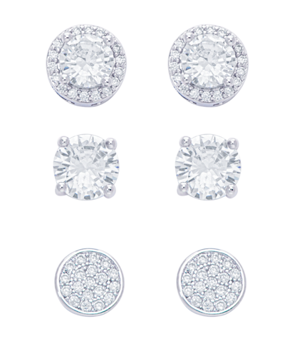Macy's Women's Fine Silver Plated Round, Halo, Cubic Zirconia Stud Earrings Set, 6 Pieces