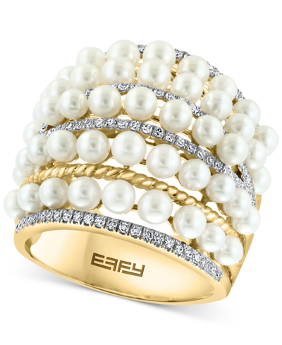 Effy Collection Effy Cultured Freshwater Pearl (4mm) & Diamond (3/8 Ct. T.w.) Multirow Statement Ring In 14k Gold