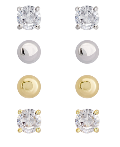 Macy's Women's 14k Gold In Fine Silver Plated Ball Round Cubic Zirconia Stud Earrings Set, 8 Pieces In Two Tone