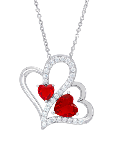 Macy's Women's Fine Silver Plated Simulated Ruby Cubic Zirconia Double Heart Pendant Necklace