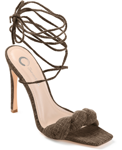 Journee Collection Women's Edelie Linen Tie Up Sandals In Brown