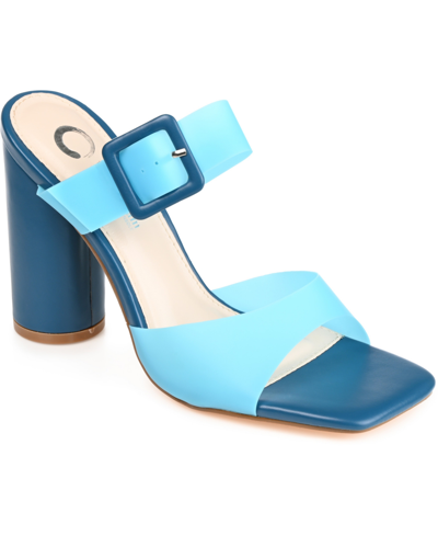 Journee Collection Women's Luca Vinyl Double Strap Block Heel Dress Sandals In Blue