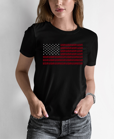 La Pop Art Women's Word Art Usa Flag T-shirt In Black