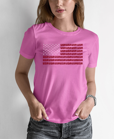 La Pop Art Women's Word Art Usa Flag T-shirt In Pink