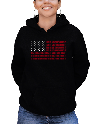 La Pop Art Women's Hooded Word Art Usa Flag Sweatshirt Top In Black