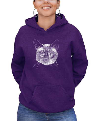 La Pop Art Women's Hooded Word Art Siamese Cat Sweatshirt Top In Purple